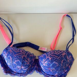 Victoria's Secret Navy Blue Lace Bra with Coral Accents